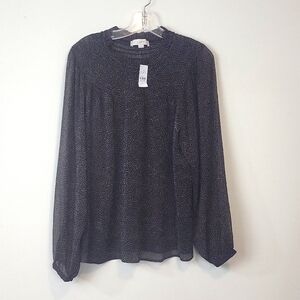 LOFT Black Tan Higher Neck Sheer Sleeve Peasant Blouse